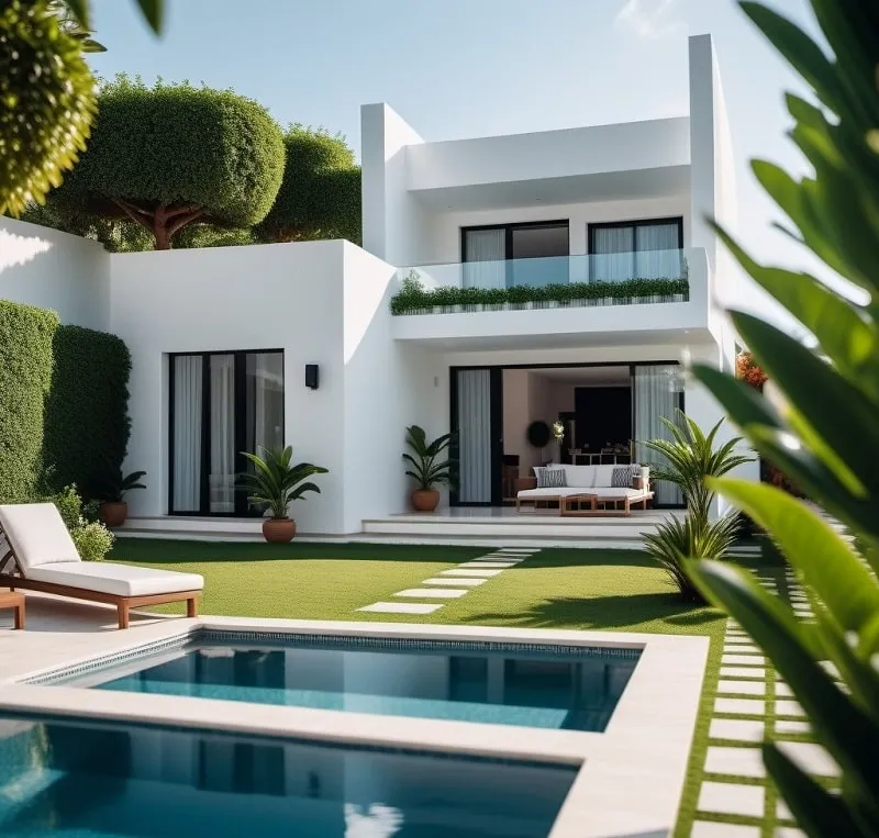 Biệt thự nhà vườn mini có hồ bơi plunge pool, sử dụng gam màu trắng chủ đạo tạo cảm giác mở rộng không gian