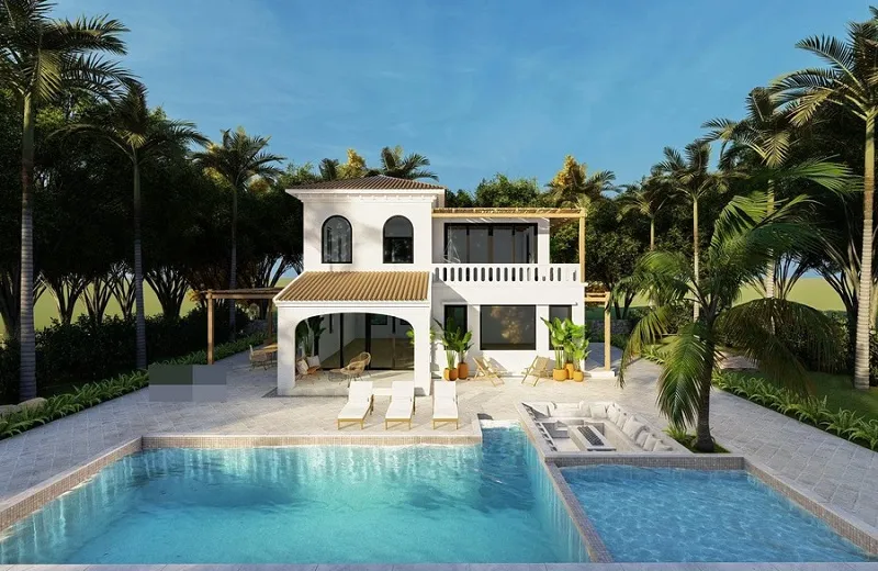 Biệt thự phong cách Địa Trung Hải với hồ bơi lớn, tường trát vữa màu trắng và mái ngói đất nung