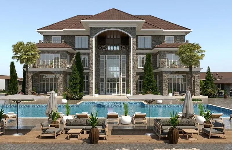 Kiến trúc tân cổ điển sang trọng kết hợp hồ bơi, nhấn mạnh sự đối xứng và các chi tiết trang trí tinh xảo