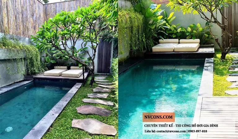 Hồ bơi mini gia đình nhỏ xinh trong khuôn viên sân vườn tại Sài Gòn