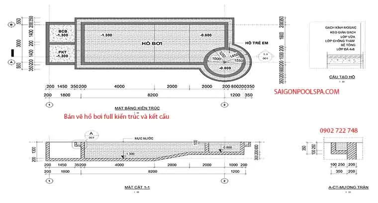 Bản vẽ hồ bơi full kiến trúc và kết cấu giúp xác định rõ các hạng mục xây dựng