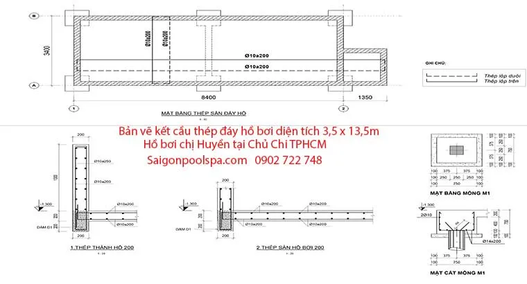 Bản vẽ kết cấu thép đáy hồ bơi chị Huyền Củ chi thể hiện chi tiết đan sắt