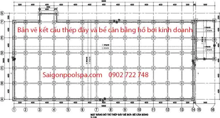 Bản vẽ kết cấu thép đáy và bể cân bằng hồ bơi kinh doanh với quy mô rộng lớn