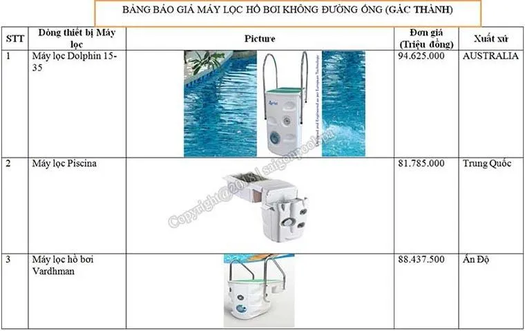 Bảng báo giá thiết bị lọc hồ bơi không đường ống từ nhiều hãng sản xuất khác nhau