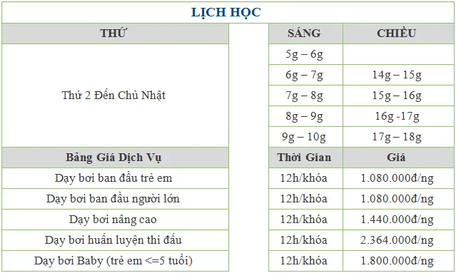 Bảng học phí tham khảo các lớp bơi tại Yết Kiêu dành cho nhiều đối tượng và cấp độ khác nhau