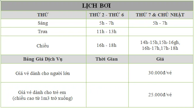 Thông tin chi tiết về bảng giá vé và giờ mở cửa tại hồ bơi Yết Kiêu được niêm yết công khai