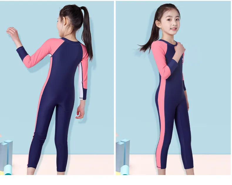 Bộ đồ bơi liền thân tay lỡ cho bé gái 12 tuổi với thiết kế khóa kéo trước tiện lợi