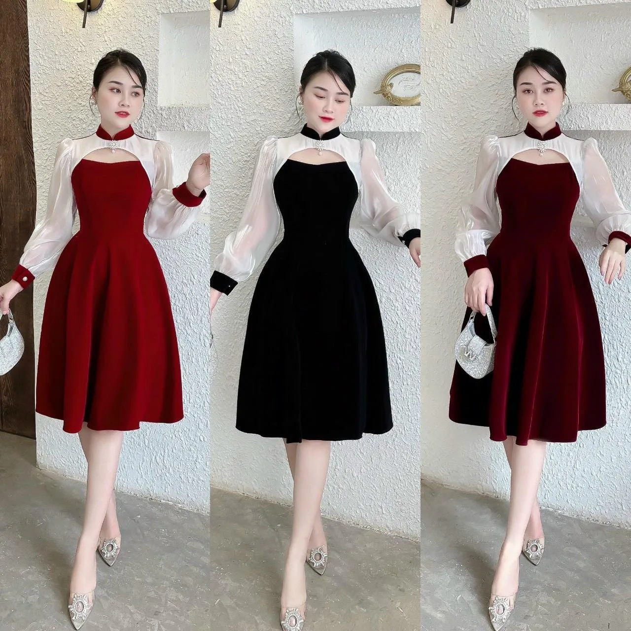 Set váy liền với chi tiết cách điệu ở cổ cực độc đáo