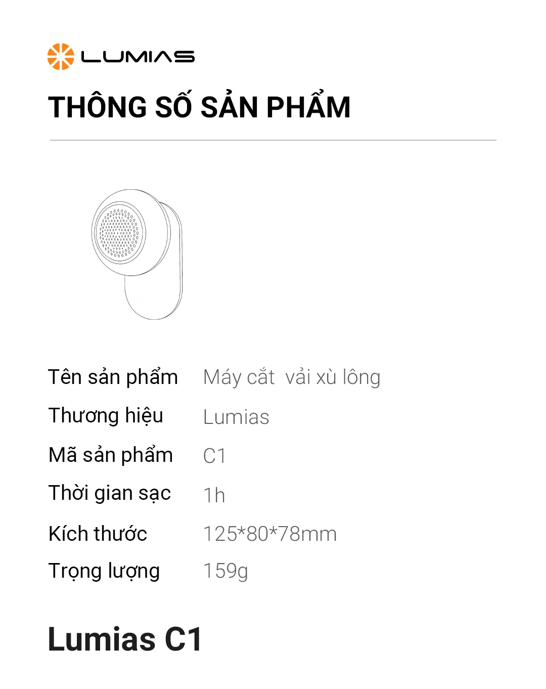 Thông số kỹ thuật của máy cắt lông quần áo Lumias C1