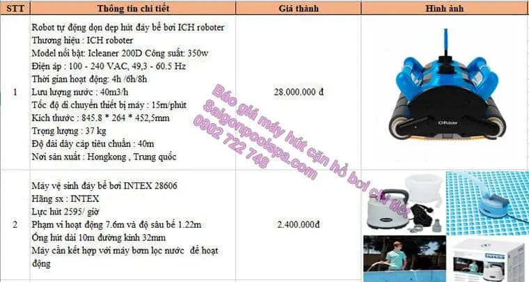 Bảng giá máy hút cặn hồ bơi