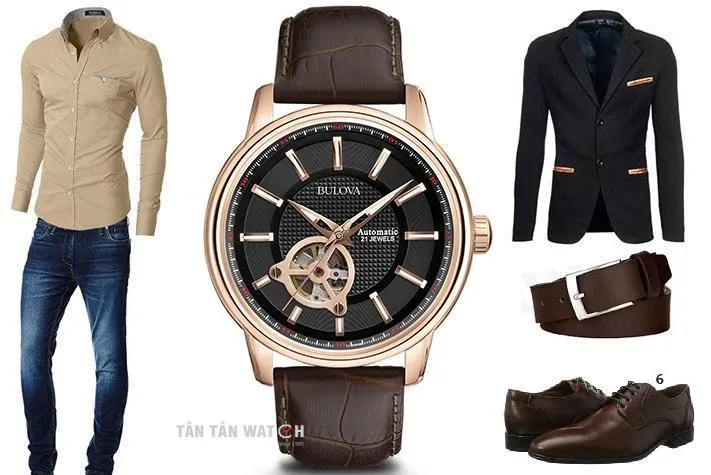 Đồng hồ Bulova 97A109 dây da đen phối với giày Oxford