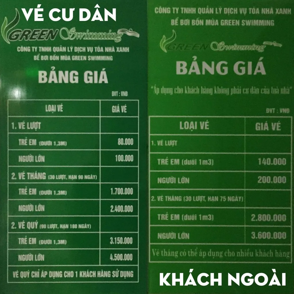 Bảng giá vé bể bơi Green Swimming cập nhật 2026