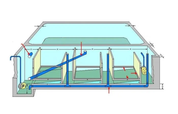 Sơ đồ hầm lọc 4 ngăn cho hồ cá ngoài trời