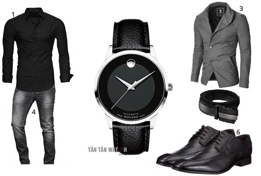 Đồng hồ Movado dây da nâu với giày Derby