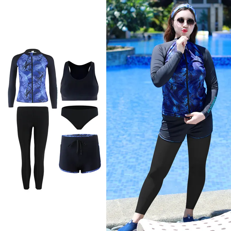 Set đồ bơi 5 món màu đen dành cho người béo mập big size, bao gồm áo dài tay kéo khóa, quần dài, quần đùi, áo bra và quần tam giác