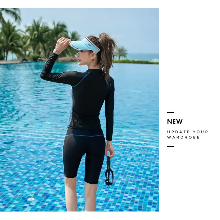 Đồ bơi nữ tay dài quần lửng YUKE màu xám nhìn từ góc nghiêng