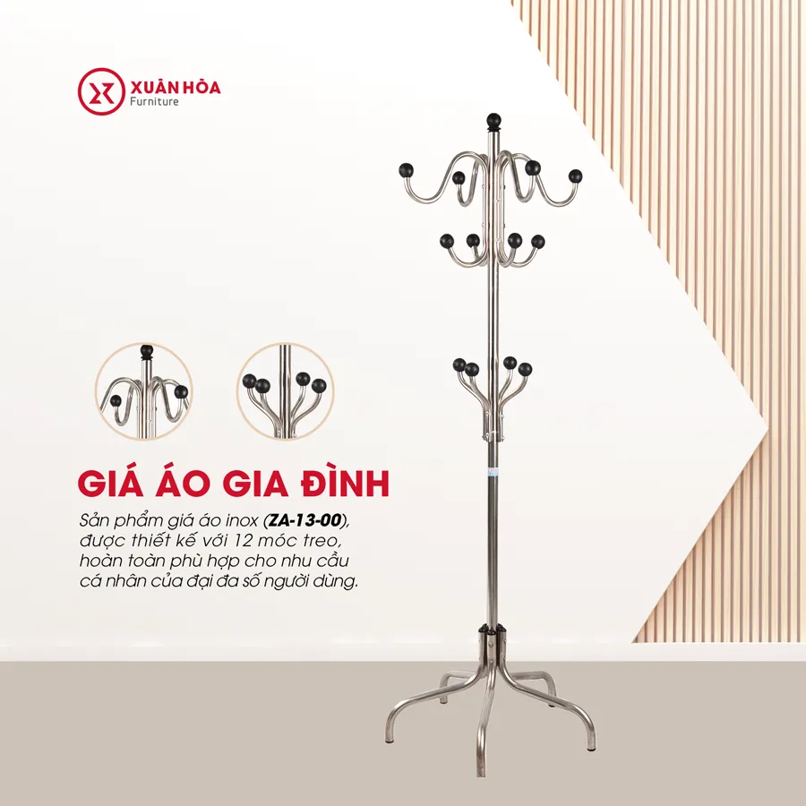 Giá treo quần áo inox Xuân Hòa ZA-13-00 với cấu trúc 3 tầng móc